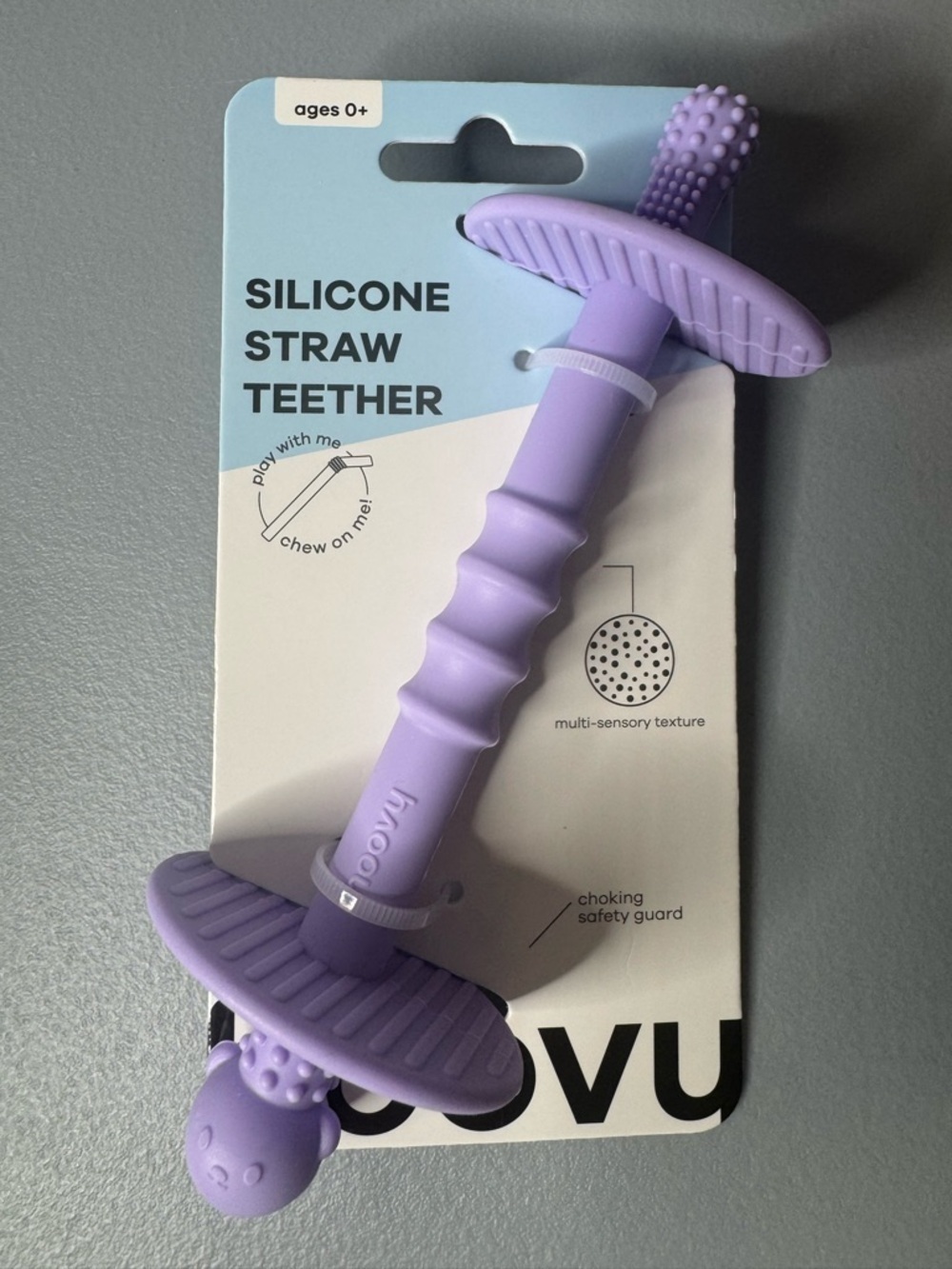Hoovy Silicone Straw Teether in Lavender play chew teething multi-sensory textur